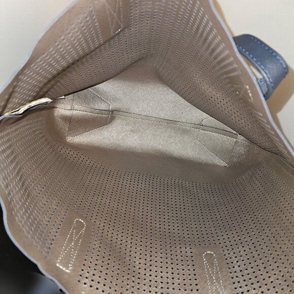 Neiman Marcus Perforated Scallop Navy Tote ~ Like New - Picture 4 of 5